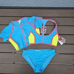 TYR Women Zip Racerback & Michaela Top W/ Bikini Neon/blue Sz S New